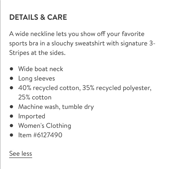 adidas Off the shoulder boat neck three stripe tunic sweatshirt Small Cr… - Picture 3 of 7